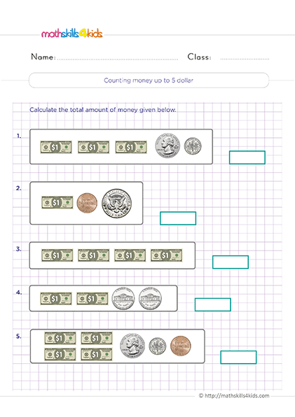 Second Grade Math counting money up to $5 worksheets