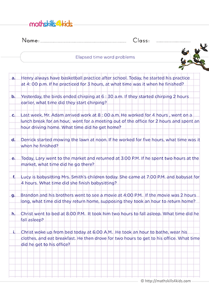 Printable Grade 2 telling time worksheets and activities - Elapse time money word problems