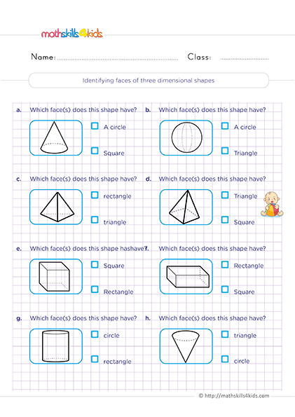 Second Grade Math identifying three-dimensional faces worksheets