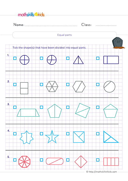 Printable Grade 2 fractions worksheets and activities - Equal parts