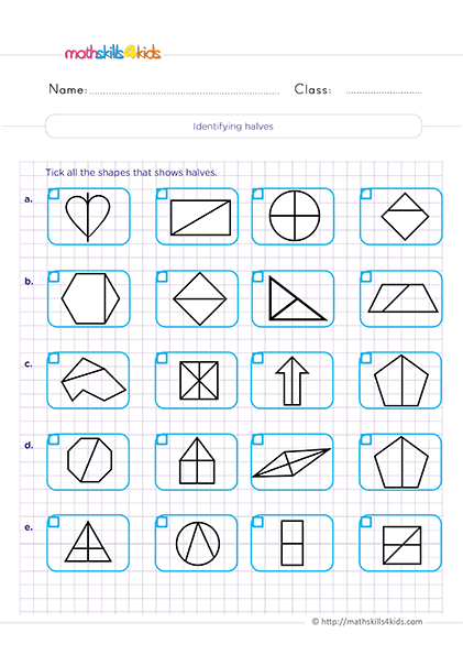 Second Grade Math fractions worksheets- identifying halves