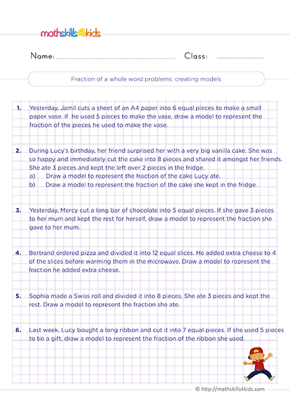 Printable Grade 2 fractions worksheets and activities - Fraction of a whole word problems - Creating models