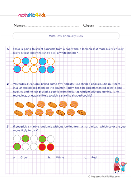 Free printable probability worksheets for 2nd Graders - More likely and less likely