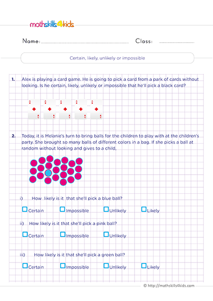 Free printable probability worksheets for 2nd Graders - Certain, likely, unlikely, and impossible