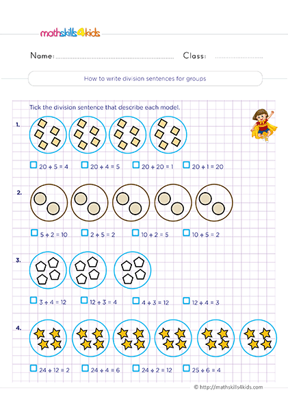 Free printable division worksheets for 2nd Grade math practice - Writing division sentences to describe models