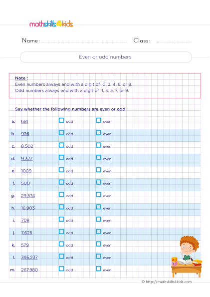 Comparison of numbers for grade 3 with answers - determine if a number is odd or even