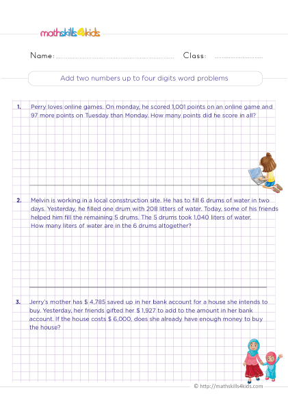 Third Grade Math - Adding two numbers up to 4-digit word problems