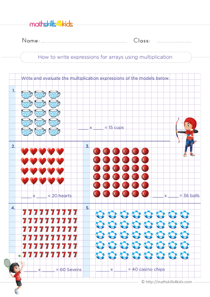 Multiplication Activities for Class 3 with Answers with answers - Write expressions for arrays using multiplication