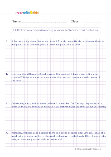 Multiplication Word Problems 3rd Grade - multiplication comparism using number sentences word problems