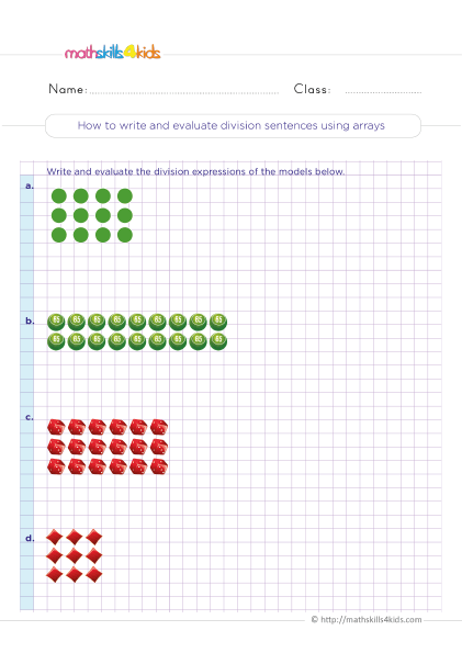 Relating multiplication and division 3rd grade - writing and evaluating division sentences using arrays