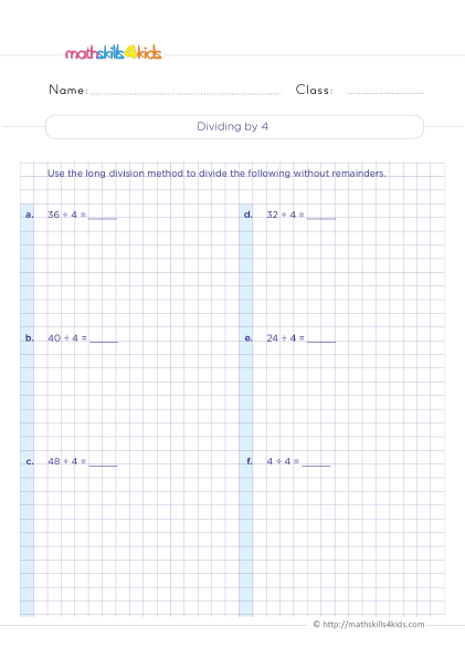 Division Facts Practice for 3rd Graders - Dividing by four