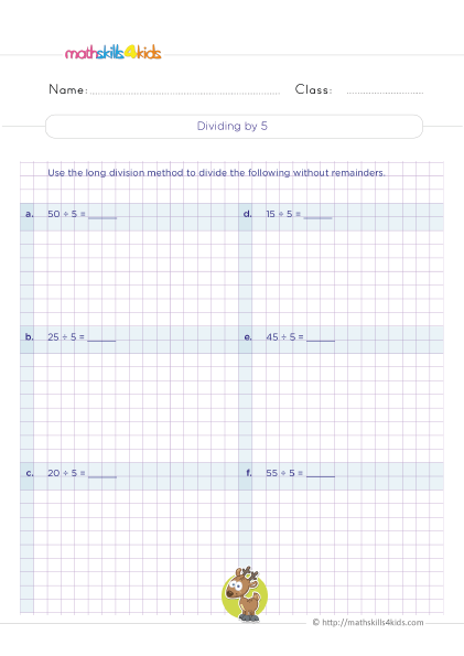 Division Facts Practice for 3rd Graders - Dividing by five