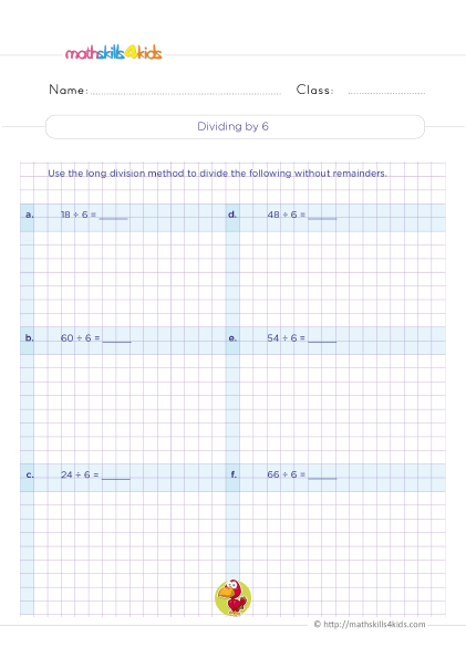 Division Facts Practice for 3rd Graders - Dividing by six