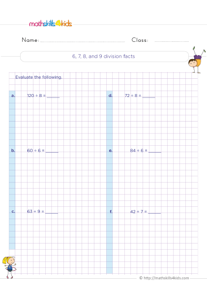 Division Sums for Class 3 with Answers - 6 7 8 and 9 division facts