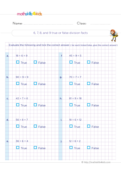 Division Sums for Class 3 with Answers - Division facts : dividing by 6 7 8 and 9