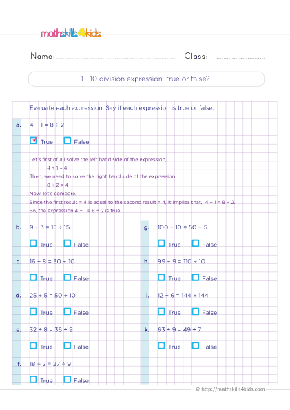 Printable division facts fluency worksheets for 3rd Graders - 1-10 division expressions : true or false