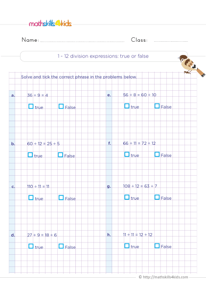 Division Sums for Class 3 with Answers - 1-12 division expressions : true or false