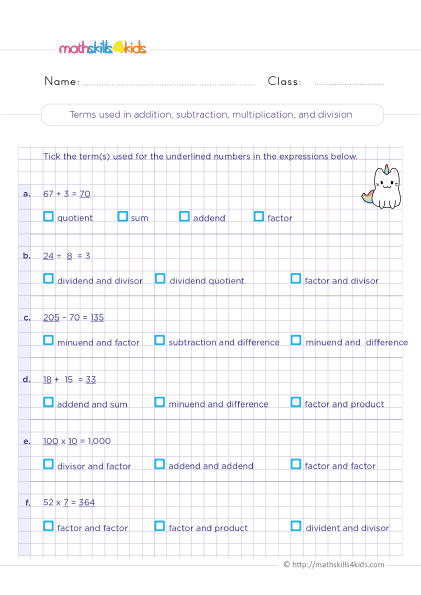 3rd Grade math properties worksheets - Understand the meaning of terms : addition subtraction multiplication division