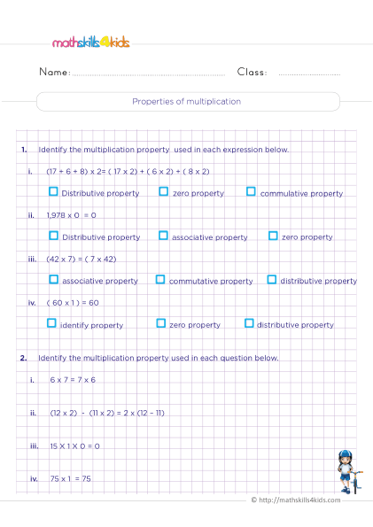 Math Properties Worksheets PDF for Grade 3 with answers - What are the properties of multiplication