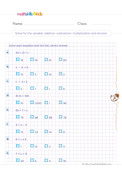 Solving Equations with Variables 3rd Grade Worksheets - Solving for a variable using addition, subtraction, multiplication or division