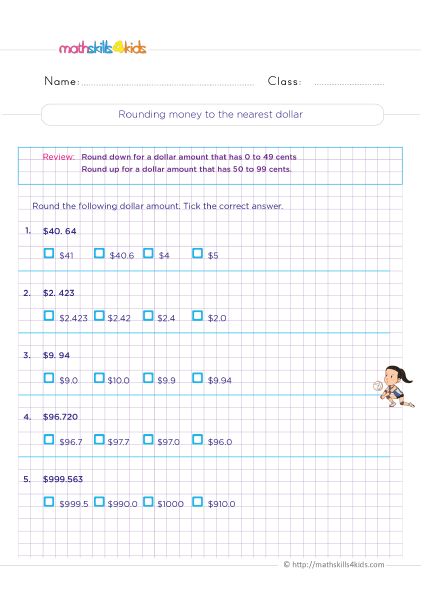 Free printable estimating and rounding worksheets for 3rd Grade math practice - Rounding money to the nearest dollar