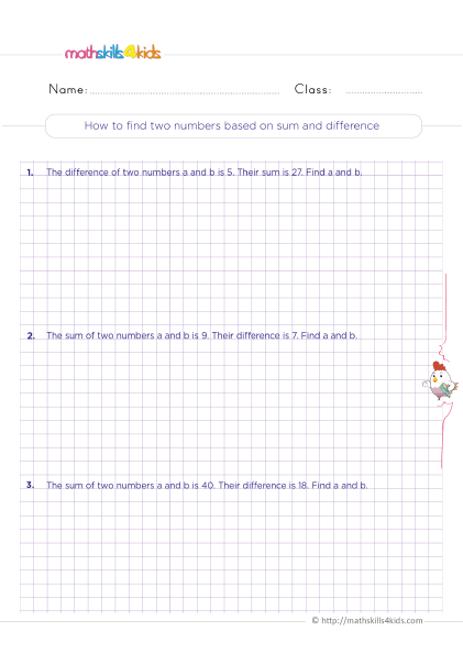 Math logical questions for grade 3 - How to find two numbers based on sum and difference