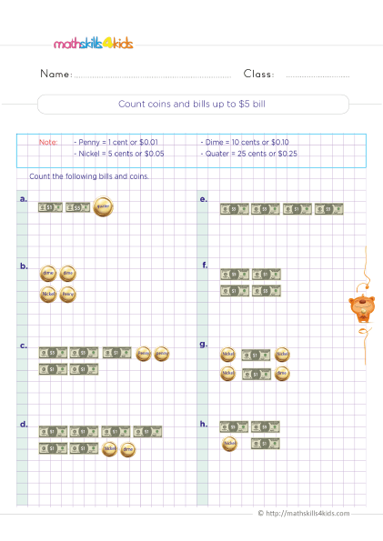 Counting, adding & subtracting money worksheets for 3rd Grade - Count coins and bills up to $5 bill