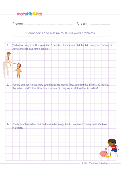 Practical Money Skills Pdf - Counting coins and bills up to $5 bill word problems