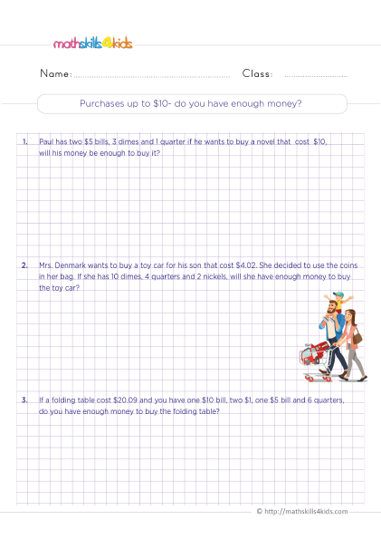 Counting, adding & subtracting money worksheets for 3rd Grade - Do you have enough money to make purchases up to $10