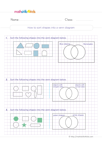 Data management and probability grade 3 worksheets - how to sort shapes into a venn diagram