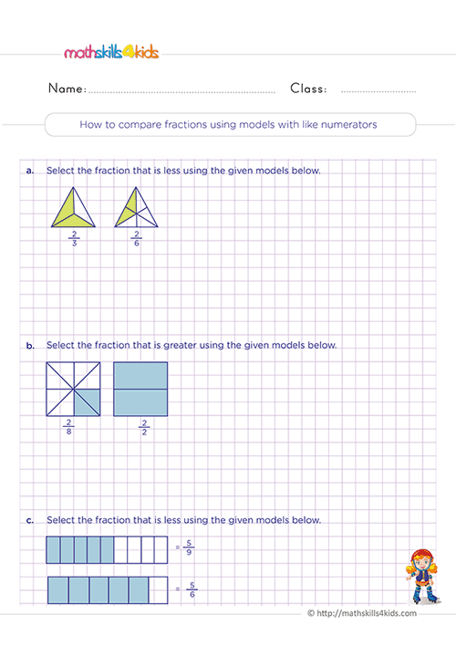 Comparing and Ordering Fractions 3rd Grade with answers - How to compare fractions using models with like denominators