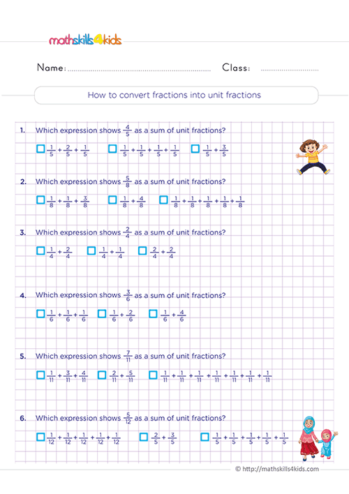 Third Grade Math - Converting fraction into unit fraction worsheets