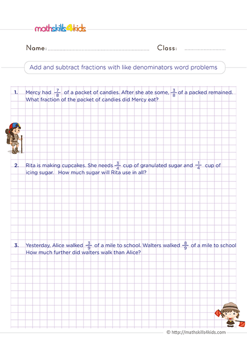 Use Models to Compare Fractions Practice - Adding and subtracting fractions with like denominators word problems