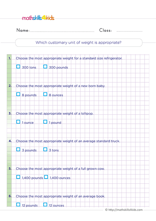 Units of measurement: Free printable worksheets for 3rd graders - Which customary unit of weight is appropriate