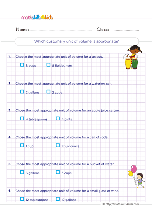 Use Models to Compare Fractions Practice - Which customary unit of volume is appropriate?