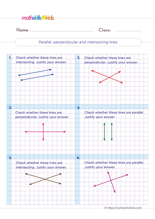 Free printable 3rd Grade 2D shapes worksheets for math practice - Identifying parallel, perpendicular, and intersecting lines