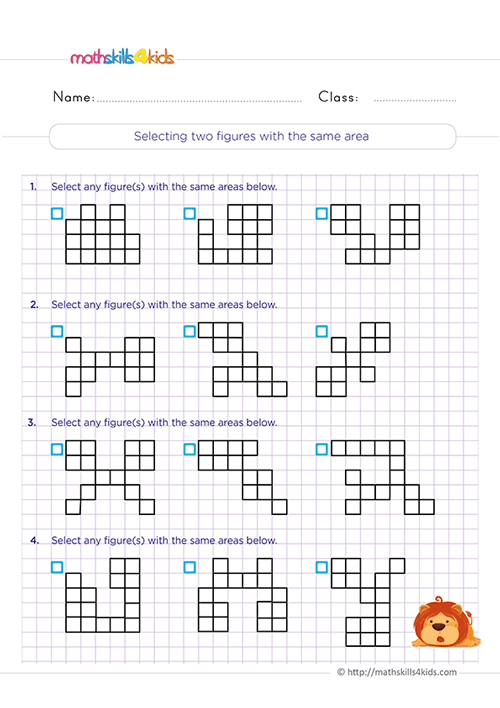 Free printable geometric measurement worksheets for 3rd Grade math practice - Identifying figures with the same area