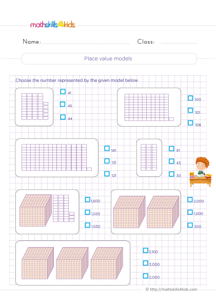 Free printable 4th Grade number sense worksheets for extra practice - Place value models relationships practice