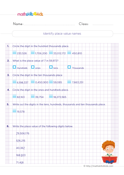 Free printable 4th Grade number sense worksheets for extra practice - Practice indentifying place value name for whole numbes up to millions