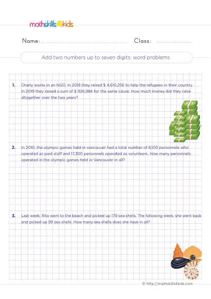 fourth Grade Math - Adding two numbers up to 7-digit word problems