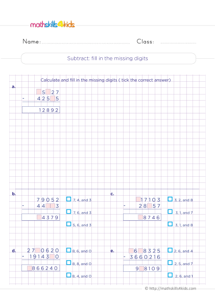 Fun and engaging free printable 4th Grade subtraction worksheets - Subtracting: Fill-in-the-blank missing digits