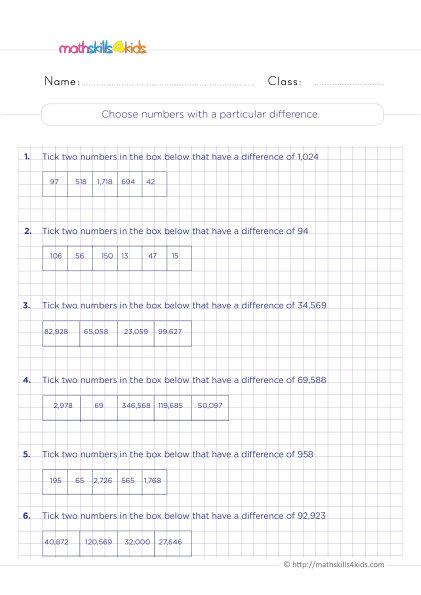 Fun and engaging free printable 4th Grade subtraction worksheets - Choosing numbers with a particular difference