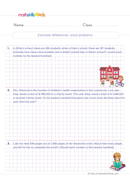 Fun and engaging free printable 4th Grade subtraction worksheets - Practice estimating differences word problems