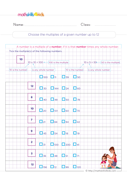 Multiplication practice for everyday situations with answers - Choosing the multiple of a given number up to 12