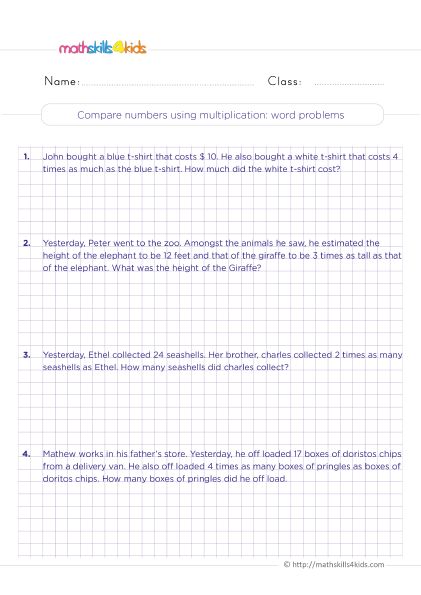 Free printable multiplication worksheets for 4th graders: Practice makes perfect - Compare numbers use multiplication word problems