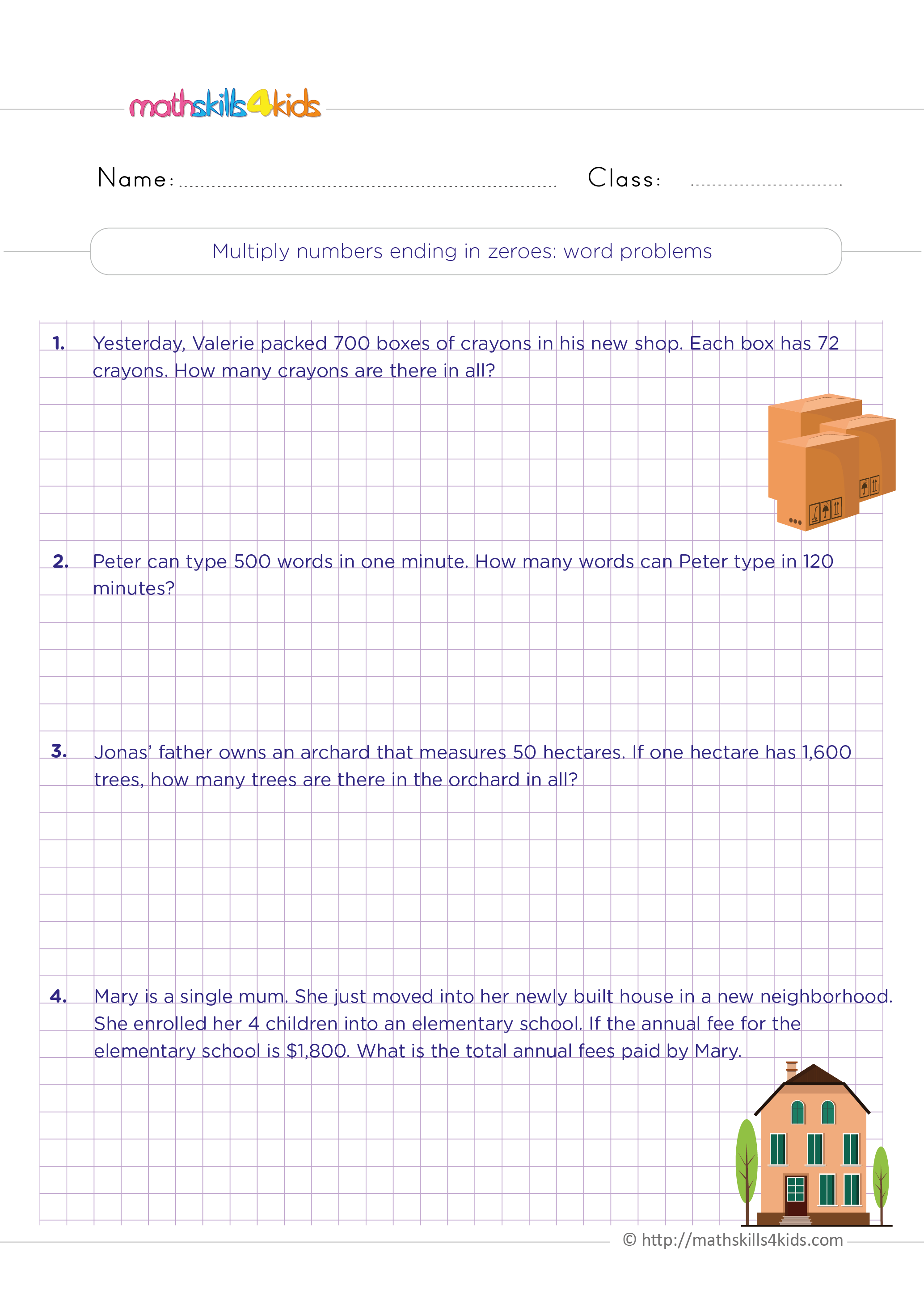 Multiplication Worksheets Grade 4 printable with answers - Multiply numbers ending with zeroes word problems