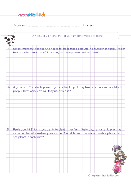 Division free printable worksheets - Dividing 2-digit by 1-digit number word problems