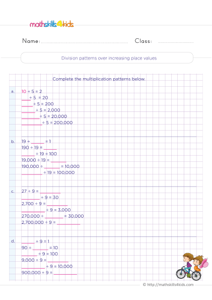 Division patterns over increasing place values practice