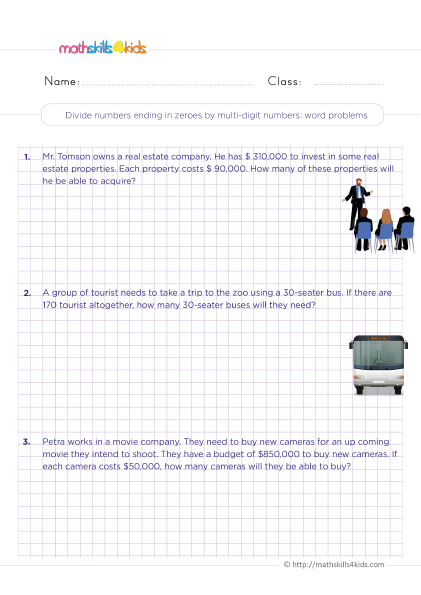 Free printable 4th Grade division worksheets for math practice - Dividing numbers ending in zeroes word problems