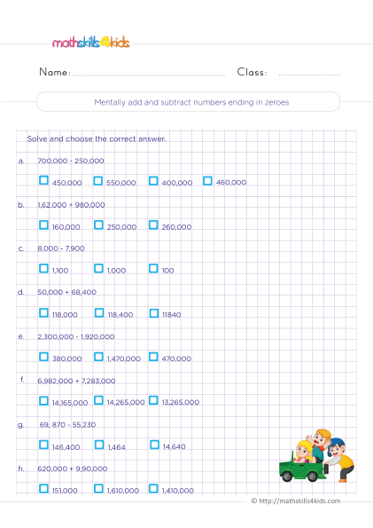 Free printable mixed operations worksheets for Grade 4 - Mentally add and subtract numbers ending with zeroes